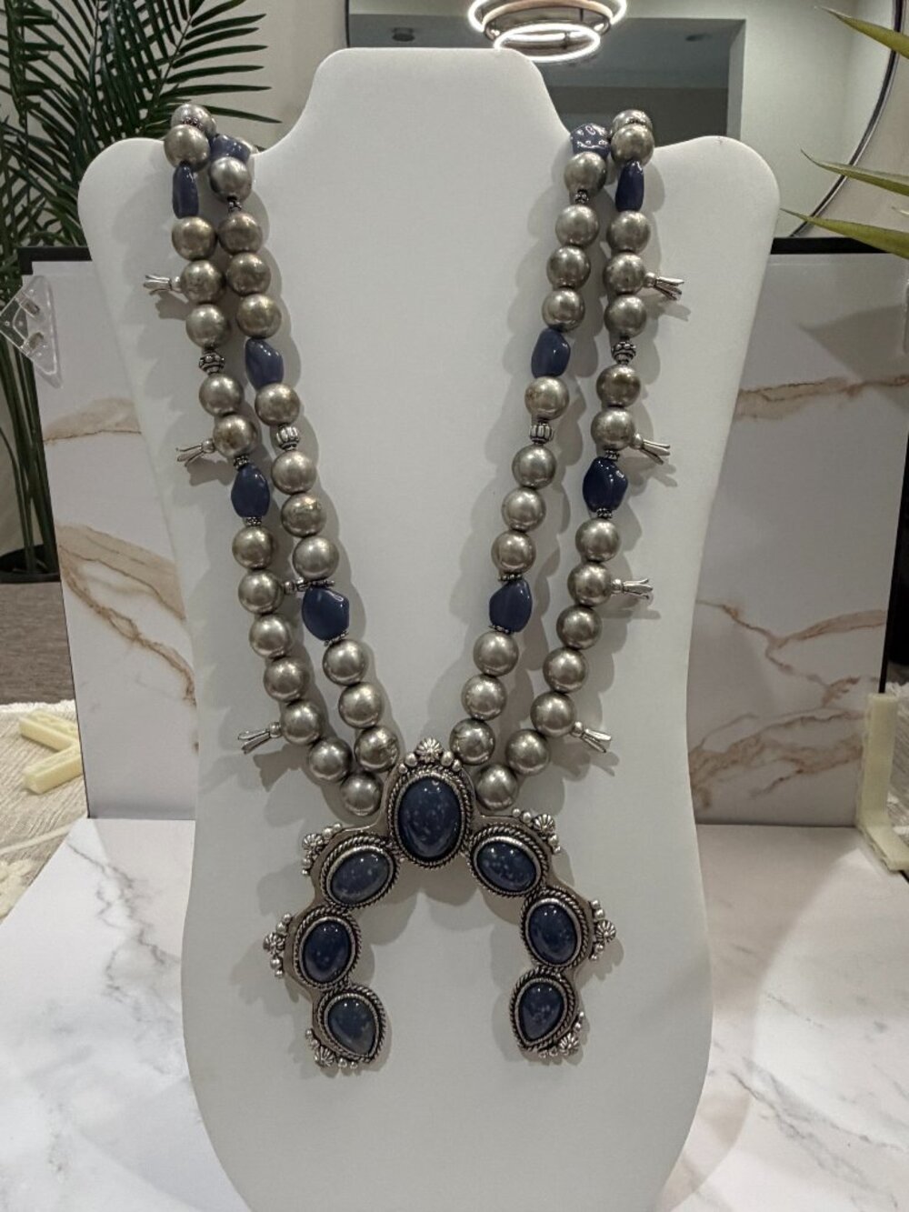 Chicos Southwest Squash Blossom Naja Crescent Faux Lapis Silver Beaded Necklace